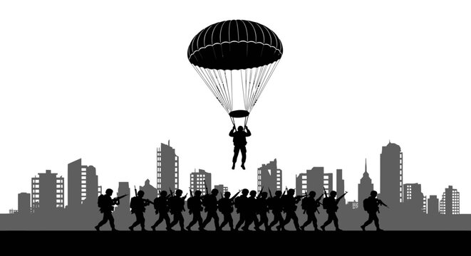 Paratrooper Descends on City Skyline with Soldiers Below