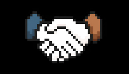 Obraz premium Pixel art handshake icon representing business agreement, partnership and cooperation isolated on black background