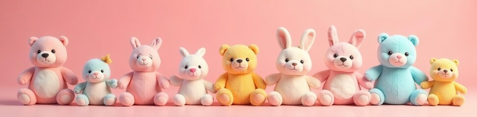 Fototapeta premium Pastel plush toys, whimsical arrangement, peach backdrop, aesthetic, fluffy