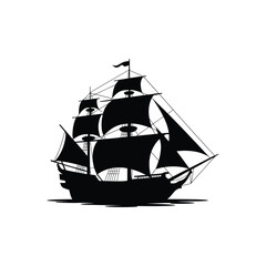 A detailed black silhouette of a historic sailing ship on water