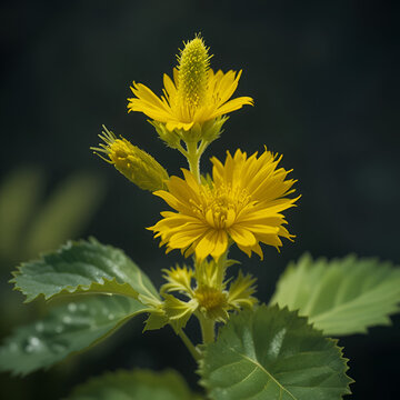 Bright yellow flowering Sonchus Asper captured close up against a smooth dark background illustrating unique botanical features