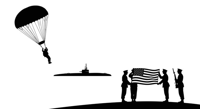 Paratrooper Jumps Near Submarine, Soldiers Hold US Flag