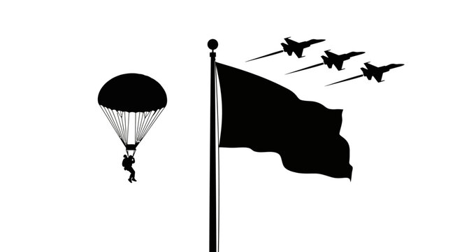 Paratrooper Jumps Near Flag and Fighter Jets Flying in Formation