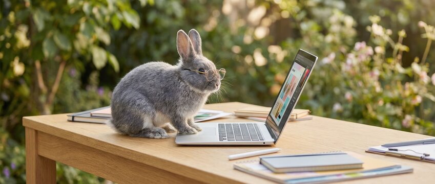 Curious rabbit observing computer screen outdoor garden setting animal lifestyle photography bright natural light charming viewpoint concept of digital interaction with pets