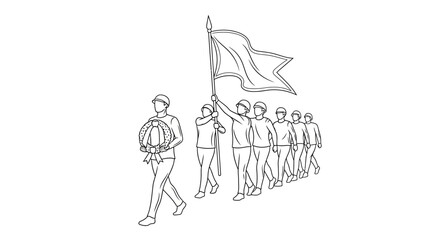 Obraz premium Soldiers Marching with Flag and Wreath, Commemorating Victory