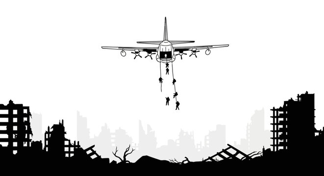 Soldiers rappelling from airplane over destroyed city, war, conflict, post-apocalyptic scene