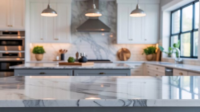 Modern kitchen interior with marble countertops and island