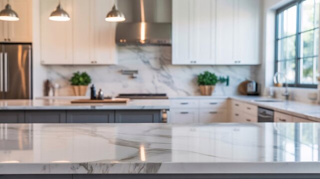 Modern kitchen interior with marble countertops and white cabinets