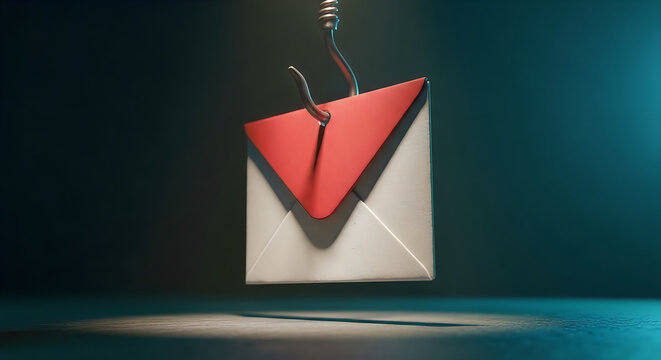 A red envelope resembling a letter hangs suspended from a silver fishing hook symbolizing phishing high quality professional detailed modern elegant