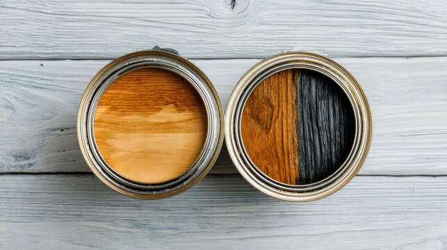 Wooden paint samples in open cans displayed on a light wooden surface