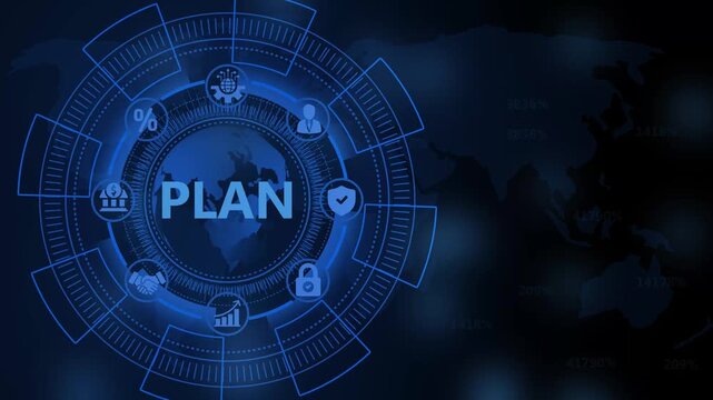 Digital Plan Concept with Global Map and Business Icons in Blue world map technology