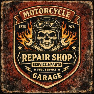 A vintage-style sign for a motorcycle repair shop with a skull and flames