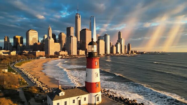 Coastal lighthouse stands against a backdrop of a distant city skyline