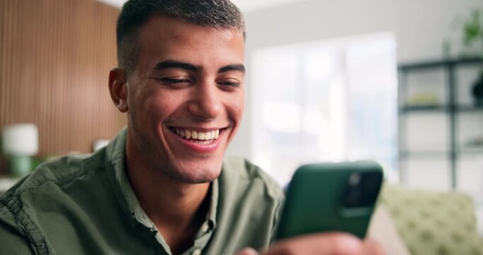 Home, funny and man in lounge, smartphone for online announcement and digital app for social media. Network, connection and person on sofa, impressed and cellphone for message and reaction for email