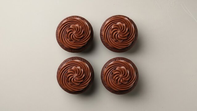 Four chocolate cupcakes with chocolate frosting on a white surface