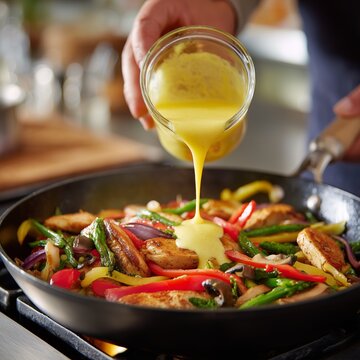 Pouring Hollandaise Sauce Over Colorful Fajita Stir-Fry