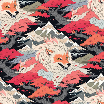 Japanese Fox Pattern Illustration &ndash; Mythical Kitsune with Mountains and Sakura Trees