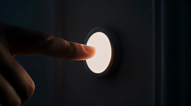 Finger presses a brightly lit circular button in the darkness of night