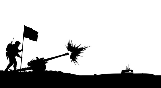 Silhouette Soldier Firing Artillery Gun with Flag and Submarine in Background