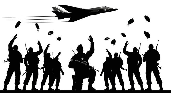 Silhouette Soldiers Salute Jet Fighter Dropping Parachutes