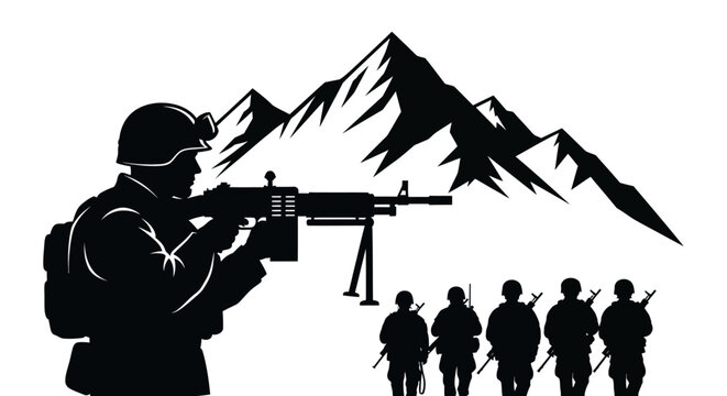 Silhouette Soldiers with Machine Gun and Mountains Background, Military Operation