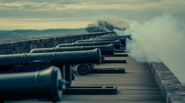 Historic cannons on fort wall with smoke, dramatic landscape background