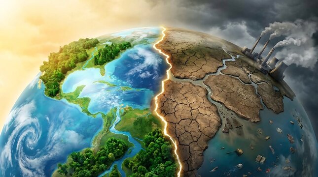 A vivid depiction of planet Earth split by contrasting environments, showcasing a lush, thriving natural world against a barren, polluted landscape with factories.