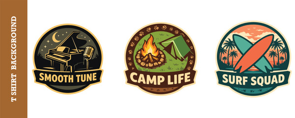 Colorful vintage badge collection featuring music camping and surfing themes isolated on transparent background perfect for tshirt designs posters and branding projects © jubayer95