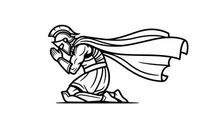 Obraz premium Warrior Praying Kneeling Warrior with Cape and Helmet, Ancient Soldier in Prayer
