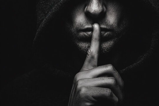 Close up cinematic portrait of a hooded man gesturing for silence with a finger over his mouth in deep shadows.
