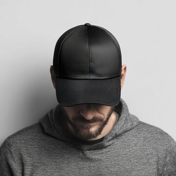 Man wearing a plain black baseball cap mockup looking down in a grey hoodie against a clean light grey background.