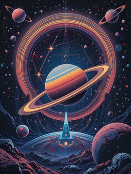 70s style futuristic spacey art, minamilist, saturns rings, interesting composition, graphic design, planets and stars, a space-themed digital backdrop