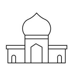 Fototapeta premium A simple, clean line drawing of a mosque with a prominent dome and arched entrances, representing Islamic architecture.