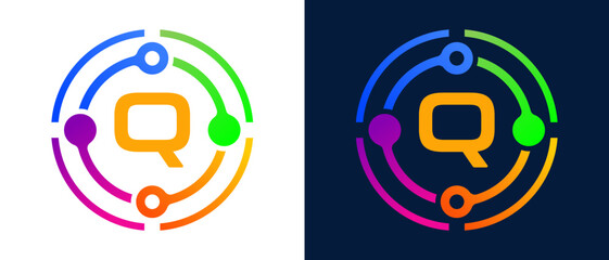 Fototapeta premium Modern letter “Q” logo with colorful circular connection elements, representing digital technology, network connectivity, innovation, and smart systems.