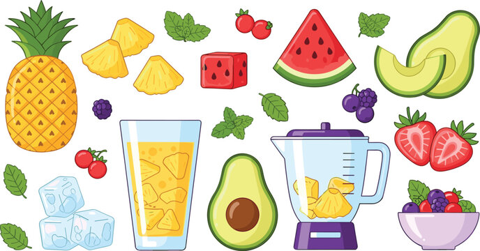 Fresh fruit smoothie ingredients collection with pineapple watermelon avocado berries blender healthy drink vector illustration set