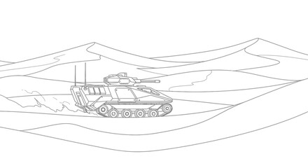 Armored Military Vehicle Driving Through Desert Dunes