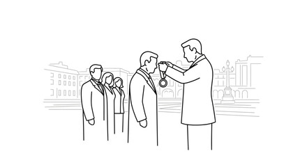 Obraz premium Award Ceremony: Man Receiving Medal from Official in Formal Attire, Outdoor Setting