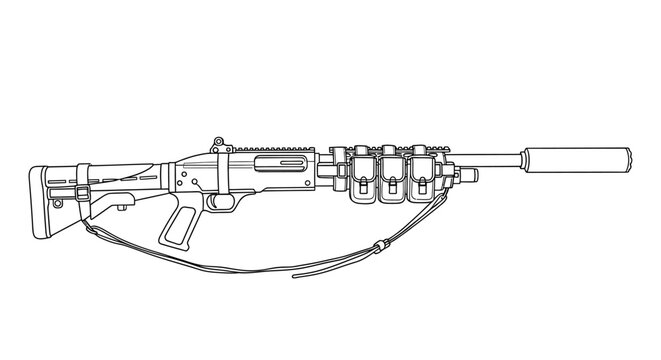 Assault Rifle with Suppressor and Magazine Pouch, Military Weapon Illustration