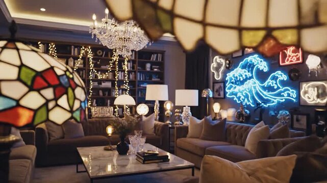 Elegant living room interior with decorative lamps and ambient lighting