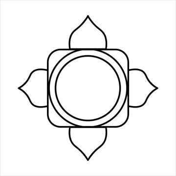 A simple black and white line drawing of a symmetrical geometric symbol with four petal-like shapes radiating outwards from a central square containing concentric circles.