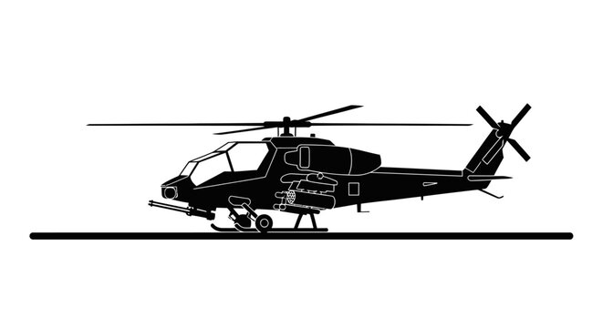 Black silhouette of an attack helicopter on a white background, military aviation, combat aircraft.