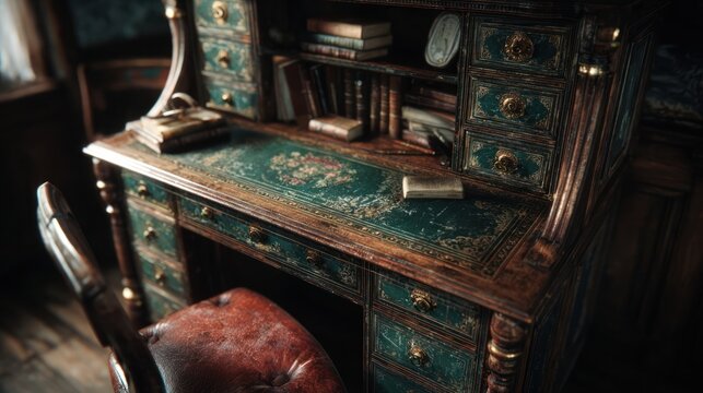 An antique writing desk with a green leather inlay and numerous small drawers in a cozy nook, 8k, realistic, full ultra HD, high resolution, cinematic photography