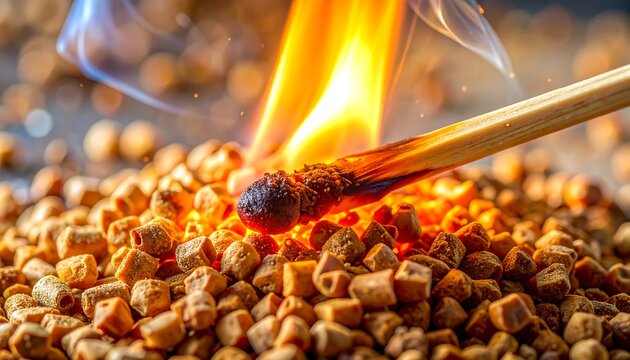 A burning matchstick on a pile of small brown cylindrical objects