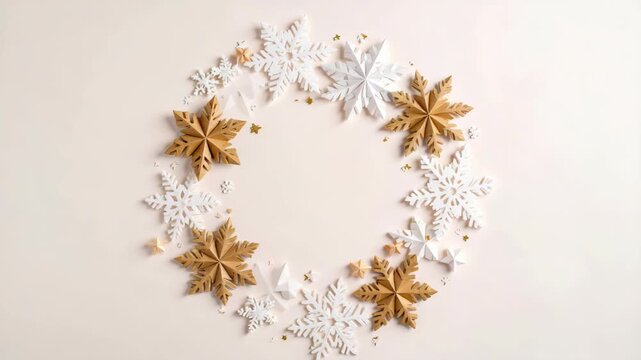 Decorative circle of paper snowflakes and stars on a light background