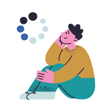 Flat cartoon man sitting and waiting, looking at spinning loader icon. Patient loading and placeholder empty state scene, vector illustration with textures for UI and web design concept