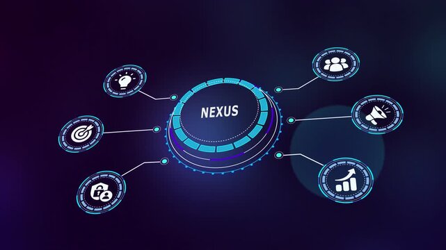 Digital nexus point connecting multiple business functions with futuristic interface icons representing central hub and network synchronization.