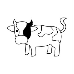 Fototapeta premium Simple black and white cartoon drawing of a cow with spots and horns, standing in a profile view.