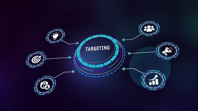 Precision targeting and audience segmentation concept visualized on a futuristic HUD interface with bullseye icon and data analytics nodes.
