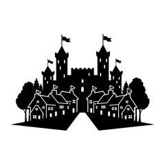 Fototapeta premium Black silhouette illustration of a castle and village on white background