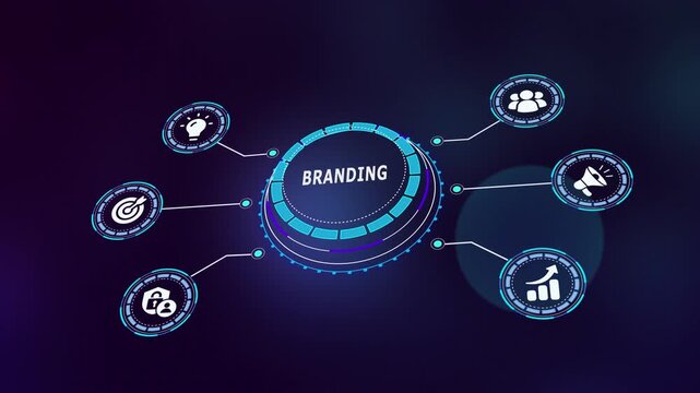 Digital branding strategy concept with futuristic marketing dashboard, connected business icons, analytics data system and workflow automation technology network.
